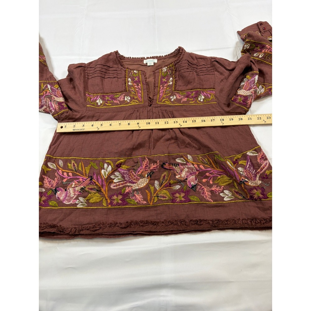 Sundance Brown Embroidered Linen Bird Floral Peasant Blouse PM Boho Fringe Top - Picture 7 of 11